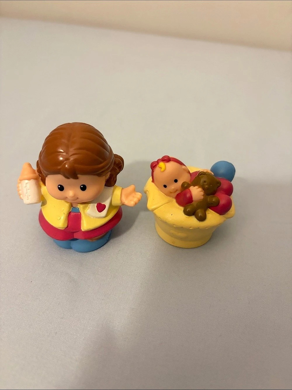 Fisher-Price Little People Mom and Baby in Basket Figures Yellow & Blue